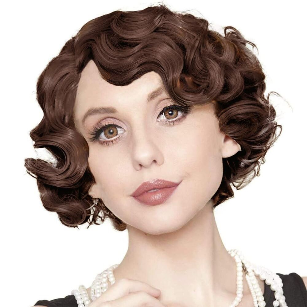 Brown Finger Wave Wig - Short Curly 1920s Flapper Hair (Brown)